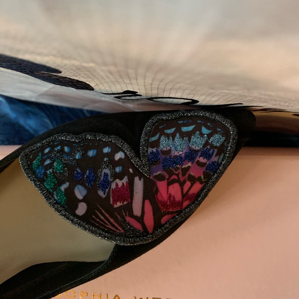 Sophia Webster Black Flats with Colorful Butterfly Detail
